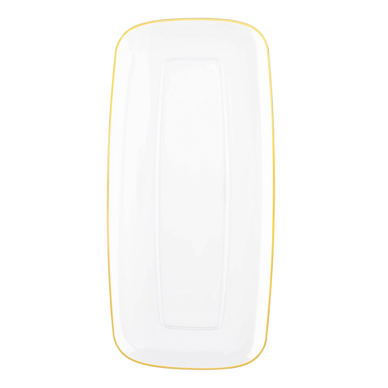 Clear with Gold Rim Flat Raised Edge Rectangular Disposable Plastic Plates - 10.6" x 5" (120 Plates)
